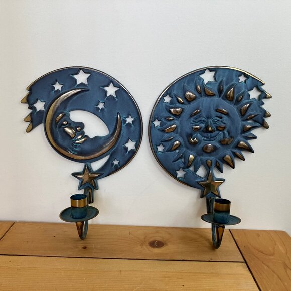 Partylite Celestial Wall Sconce Taper Candle Holder Sun & Moon 90s Patina Brass - Picture 7 of 7